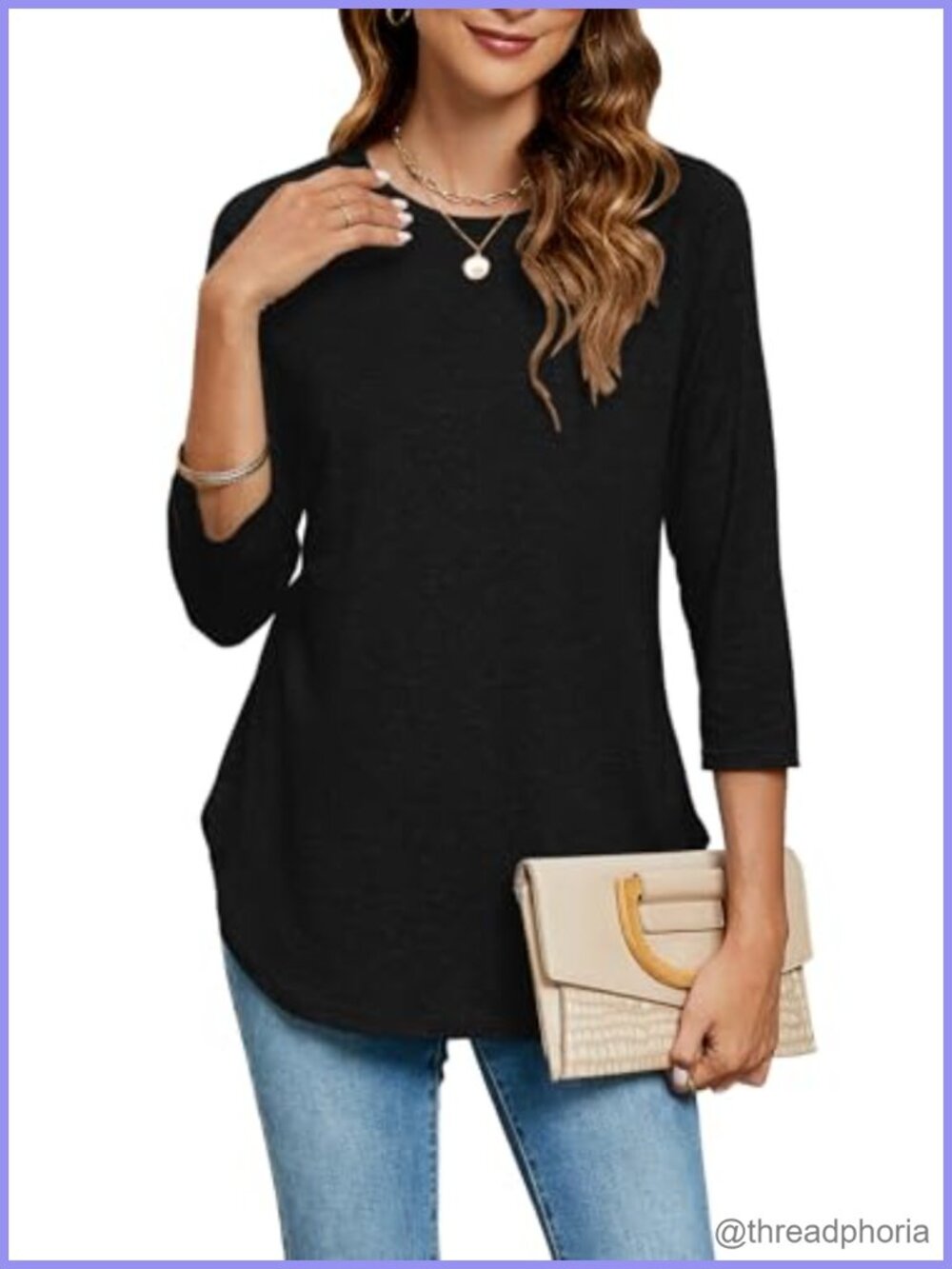 Women's 3/4 Sleeve Tunic Top Rayon Blend Loose Fit Round Neck Casual Shirt